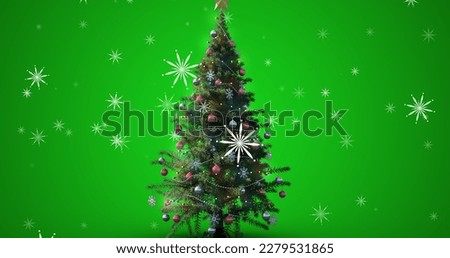 Digital composite image of decorated christmas tree and snowflakes over green background, copy space. christmas festivity, tradition and vector.