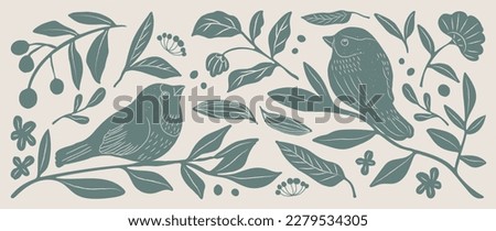 Matisse art background vector. Abstract natural hand drawn pattern design with bird, flower, leaves. Simple contemporary style illustrated Design for fabric, print, cover, banner, wallpaper.