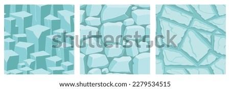 Cartoon game textures, ice surface seamless patterns. Game assets walls and environment backgrounds.