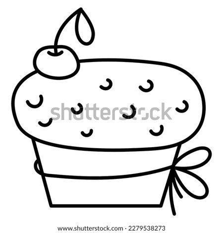 Cupcake with cherry. Doodle vector black and white illustration.