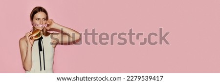 Counting calories. Banner with image of sad blond girl with bound mouth with measuring tape holding burger in hands over pink background. Concept of addiction, beauty, fast food, eating disorder, ad