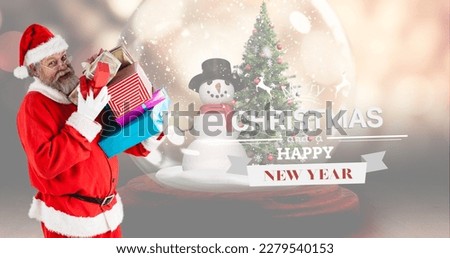 Santa claus carrying gifts by new year and christmas greeting with snow globe in background. christmas festivity, vector and winter holiday.