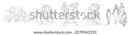 Set of drawn happy families on white background