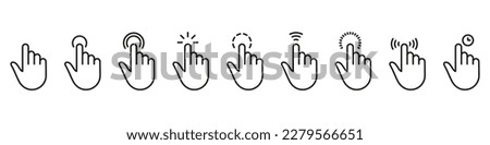 Hand Finger Touch, Swipe, Click, Press and Tap Line Icon Set. Double Click and Tap Sign. Gesture Slide Left and Right Outline Icon Collection. Editable Stroke. Isolated Vector Illustration. Royalty-Free Stock Photo #2279566651