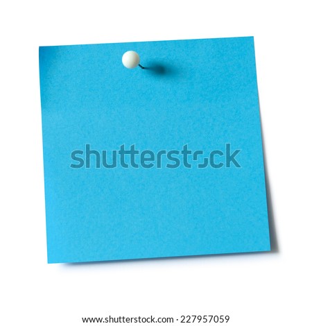 Blue paper note pad attached with push pin on white background Royalty-Free Stock Photo #227957059
