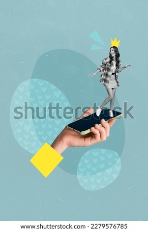 Creative poster banner surreal collage of mini young lady standing touchscreen smart gadget vip status game
