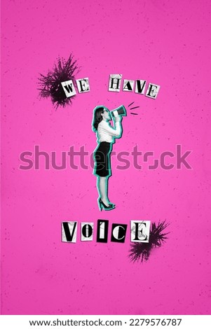 Creative idea collage artwork young businesswoman voting loudspeaker say women have voice stand against gender discrimination