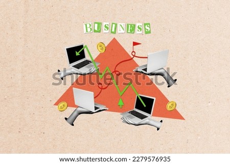 Creative magazine advert collage of business people worker using netbook transfer money financial trade concept