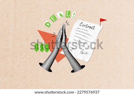 Creative template collage of two business people sign successful financial contract make high five gesture make debt bill Royalty-Free Stock Photo #2279576937