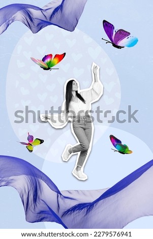 Pop blue magical magazine collage of funny young lady enjoy fantastic dream having fun flying color butterfly