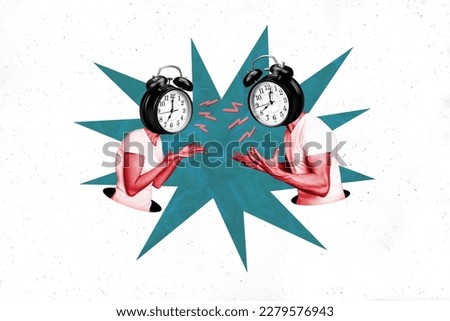 Creative absurd collage of two aggressive people with clock head have insomnia hate early awakening Royalty-Free Stock Photo #2279576943