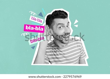 Image vintage graphics collage of funky young guy hold hand near ears listen bla bla chat rumors spying interesting facts concept Royalty-Free Stock Photo #2279576969