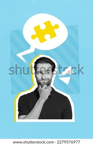 Creative banner poster collage of pensive young worker man decide jigsaw puzzle missing part dilemma