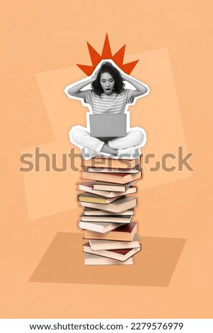 Stunned girl looking laptop confused big book store shopping sales need to buy more novel literature consumerism collage