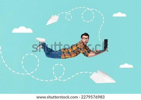 Creative surreal picture collage of dream fantastic manager guy flying up sky launch successful startup using netbook Royalty-Free Stock Photo #2279576983