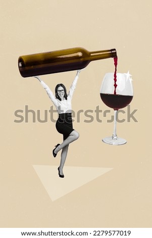 Creative magazine template collage of funny lady manager hold big wine bottle pouring glass celebrate festive event