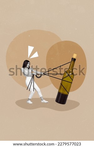 Creative picture magazine collage of young lady catch delicious rich luxurious merlot red wine bottle
