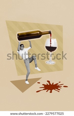 Creative poster banner collage of drunk young person pour red merlot wine in glass make huge spot
