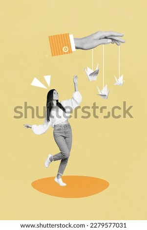 Creative picture banner collage of funny young lady enjoy paper origami toys playing game on yellow painting background