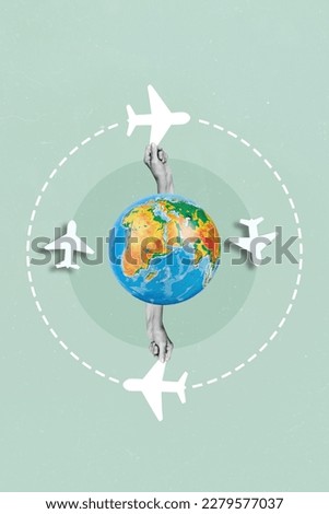 Four white passenger plane landing make circles above earth finishing flight traveling concept image collage promo poster