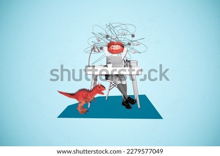Young business lady have complicated work task demonstrating anger grin teeth not see red dinosaur on office floor surreal collage