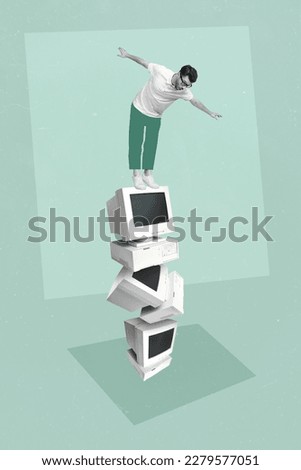 Creative poster magazine collage of impressed businessman standing high pile pc computer displays software improvement Royalty-Free Stock Photo #2279577051