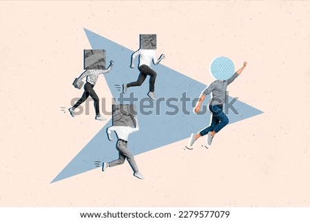 Conceptual collage four workers have geometric figures instead heads corporate competitive atmosphere running career promotion