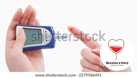 Cropped hands with glucometer by become a hero text and heart shape symbol on white background. digital composite of healthcare and awareness.