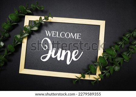 Welcome June text message on wooden blackboard with green leaf decoration