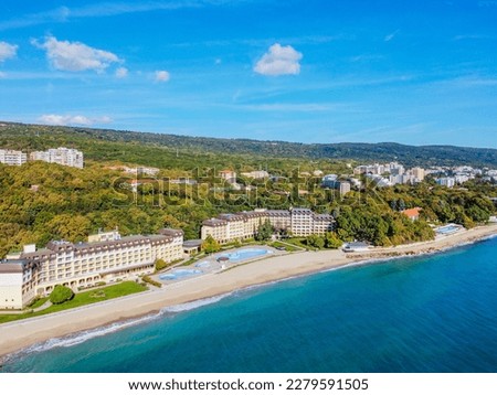 Aero Photography. View from flying drone. view of the beach and hotels in Golden Sands. Popular summer resort near Varna, Bulgaria