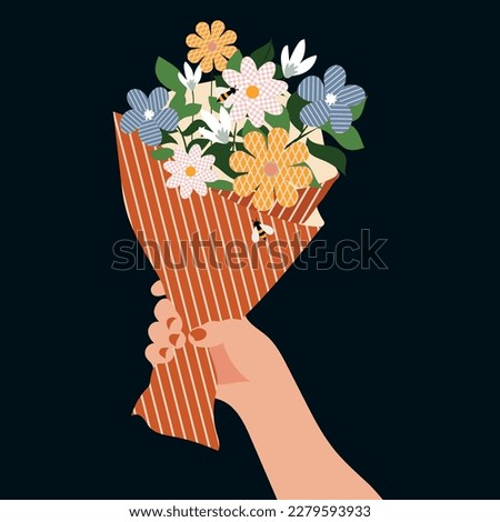 Flower composition. Mother's day. Bouquet of flowers in hands. Flowers in flat style. A bright bouquet of flowers. Spring bouquet. Summer bouquet. Vector illustration