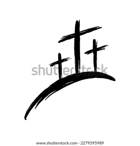 Three crosses on a hill. Symbol of Christianity hand painted in grunge style. Vector illustration isolated on white background.