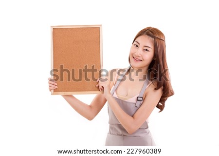 happy woman in apron, hand holding signboard
