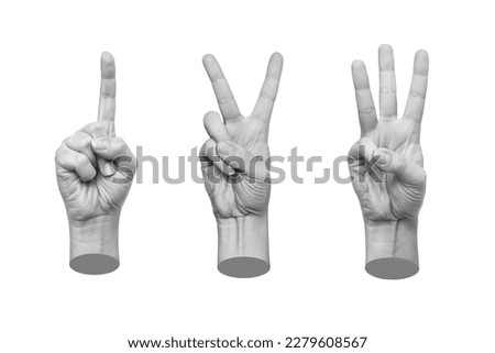 Set of 3d hands showing gestures counting one, two, three numbers isolated on a white background. Trendy creative collage in magazine urban style. Contemporary art. Modern design. Hand signs Royalty-Free Stock Photo #2279608567