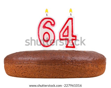 birthday cake with candles number 64 isolated on white background