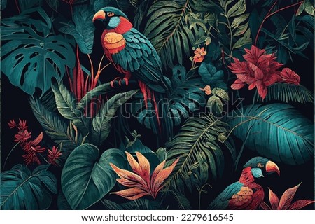 Tropical exotic pattern with macaws and flowers in bright colors and lush vegetation Royalty-Free Stock Photo #2279616545