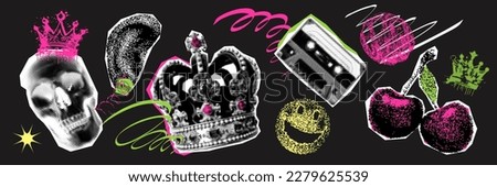 Dithering halftone collage elements for mixed media design. Crown, skull, cherry, cassette, ear and shapes in bitmap halftone texture, dotted pop art style. Vector illustration of grunge crazy art