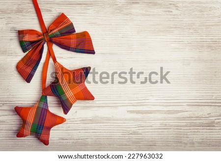  Decorative Stars Toy In Retro Country Style Over Wooden Board, Blank Copy space For Greeting Card Design