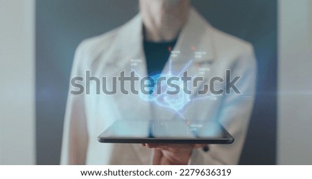Woman hands with digital tablet pc computer and 3d hologram of virtual medical technology concept. Technology, science and genetics concept. Remote medicine.