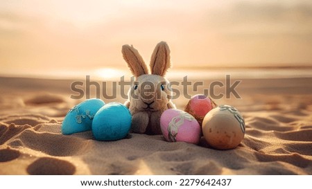Cute rabbit toy and colorful painted easter eggs at the beach under sunshine. Shallow depth of field. Concept and idea of happy easter day.