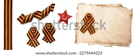 old scorched blank paper and St. George ribbon set isolated on white background. 9th May. Victory Day. May 9 russian holiday. 1941-1945 Royalty-Free Stock Photo #2279644223