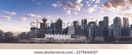 Canada Place, City Skyline, Urban Downtown Cityscape. Vancouver, British Columbia, Canada. Winter Sunset Sky Art Render. Royalty-Free Stock Photo #2279646027