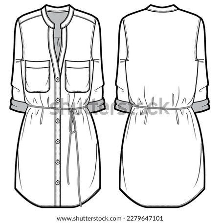 Women belted shirt dress design with band collar flat sketch fashion illustration with front and back view, Long Sleeve Kurtha shirt dress cad technical drawing vector template Royalty-Free Stock Photo #2279647101
