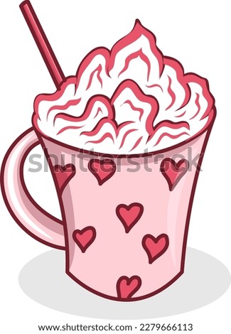 Pink ice cream mug with straw and strawberry frosting vector illustration