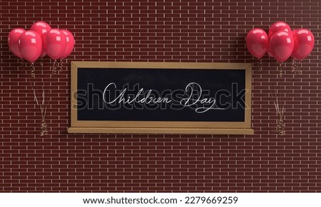 blackboard sign red balloon two party celebration festival welcome kid love mother father children day event couple children day boy girl billboard classroom school education grunge study.3d render