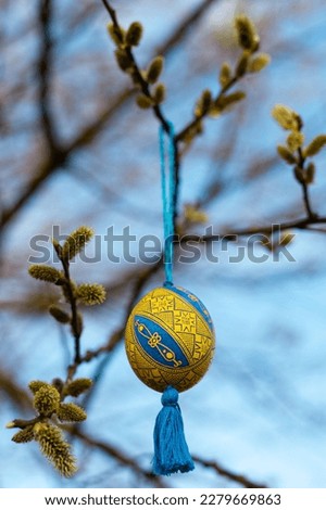 A blue and yellow easter egg with a tassel hangs on a branch of a blooming willow against the sky Royalty-Free Stock Photo #2279669863