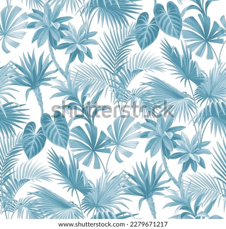 Vintage seamless pattern with tropical plants. Foliage background. Palm leaves in realistic style. Vector botanical illustration. Hawaiian summer design. Royalty-Free Stock Photo #2279671217
