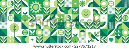 Modern geometric background. Abstract nature: Trees, leaves, flowers, fruits, birds and butterflies. Set of icons in flat minimalist style. Bauhaus. Seamless pattern. Vector botanical illustration.  Royalty-Free Stock Photo #2279671219