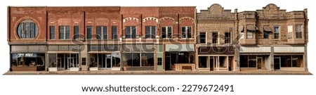 Upper Midwest, turn of the last century architecture. Storefronts like these usually faced the town square which was either a park or a courthouse. The image measures 46 inches in length. Royalty-Free Stock Photo #2279672491