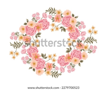 Beautiful romantic flower frame wreath with roses, lilac floral, peony, poppy and leaf branch vector illustration elements